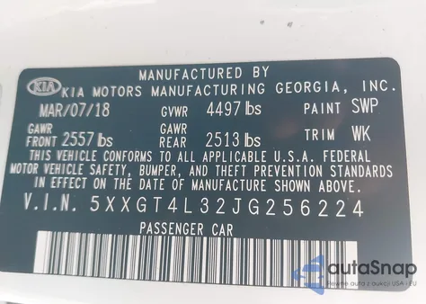 2018 Kia Optima Lx/S from USA, damaged, VIN 5XXGT4L32JG256224